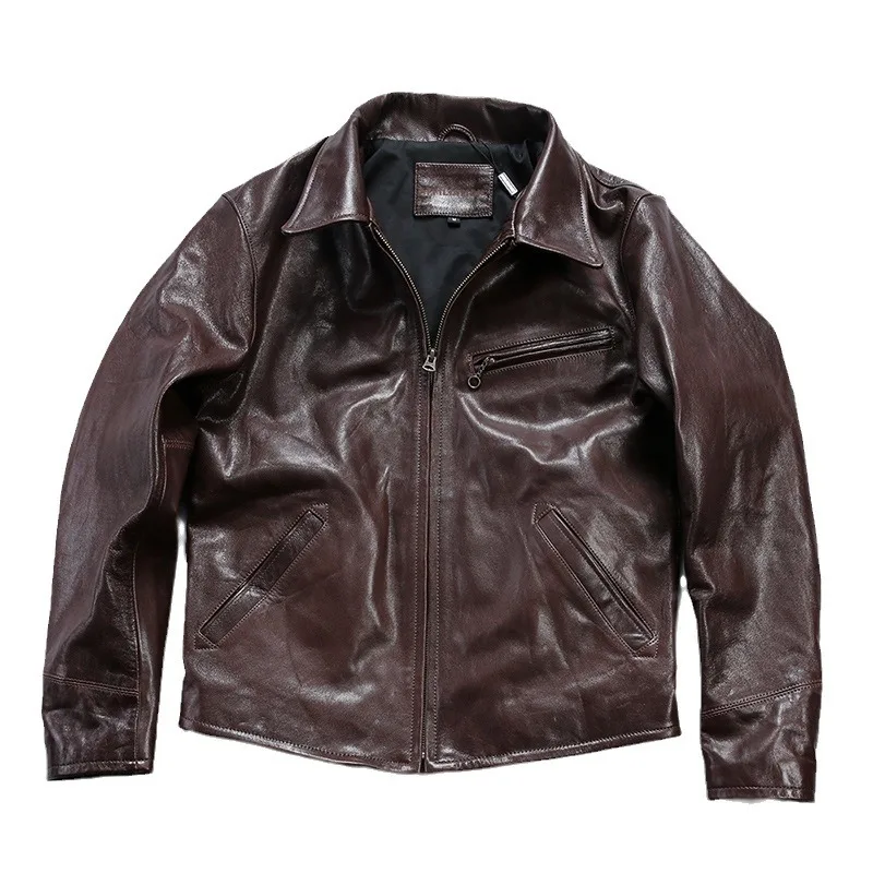 2024 New Fashion Men's Spring Autum Genuine Leather Jacket Brown Cowhide Short Slim Motorcycle Workwear Vintage Clothes for Men