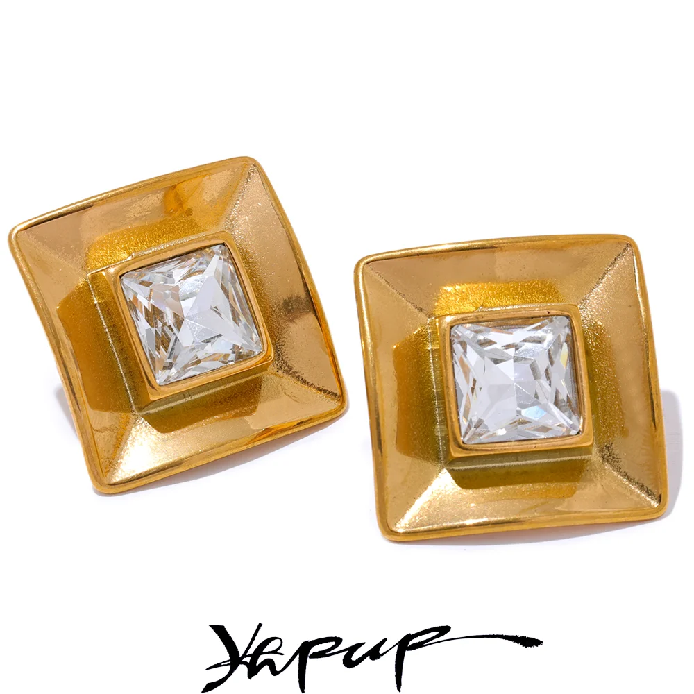 Yhpup Delicate Transparent Crystal Stainless Steel Square Stud Earrings Prevent Allergy Trendy Fashion Daily Jewelry Gift