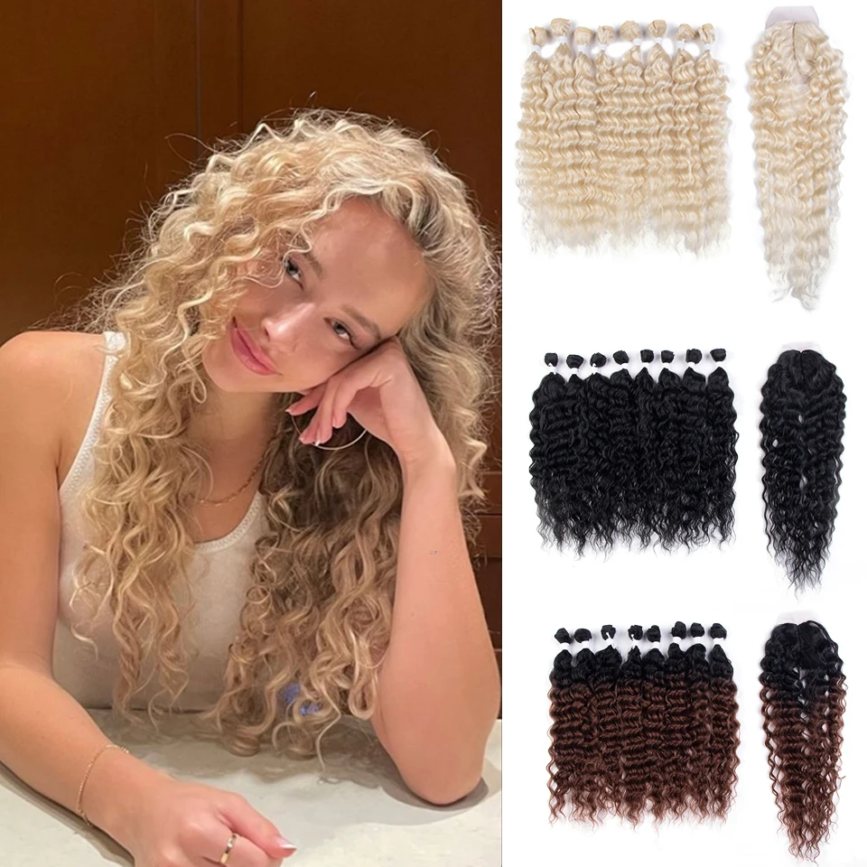 

9Pcs/Pack 20 inch Synthetic Hair Extensions Water Wave Hair Ombre Blonde Bundles With Closure Fake Hair High Temperature Fiber