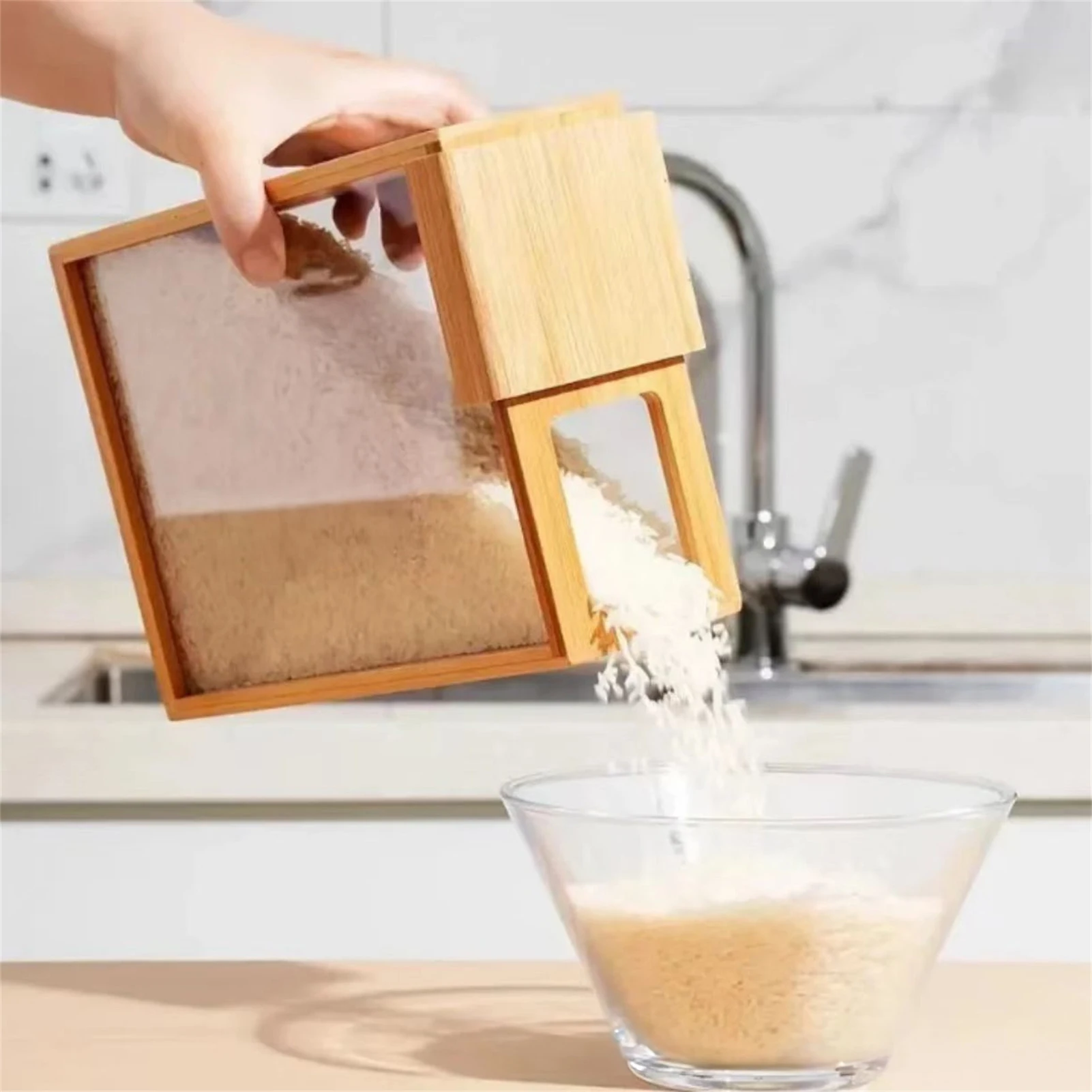 

Kitchen Storage Box Sliding Wooden Storage Box For Rice Oats Grains Beans Practical Moisture Resistant Food Storage Dispenser