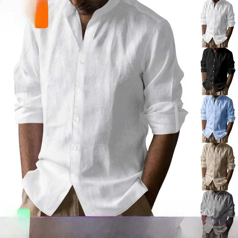 

Loose Fit Long Sleeve Linen Blend Shirt Stand Collar Henry Collar Casual Chinese Style Top for Men And Women Warm All Seasons