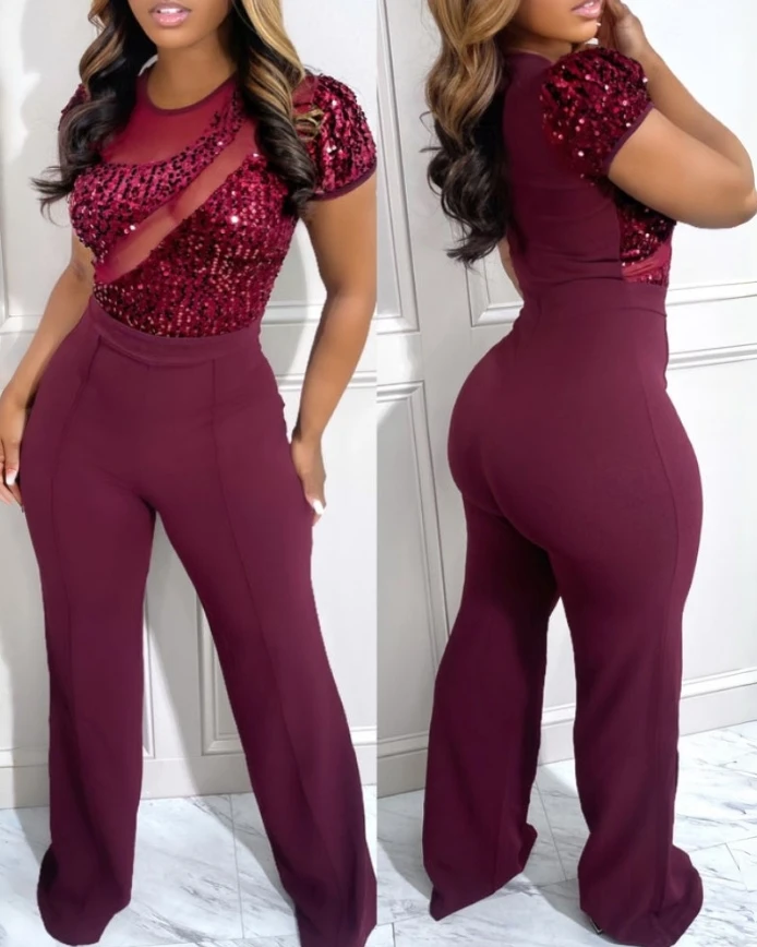 

Elegant Women's Jumpsuit O-Neck Short Sleeve Contrast Sequin Patchwork Sheer Mesh Slim High Waist Urban Wide Leg Casual Jumpsuit