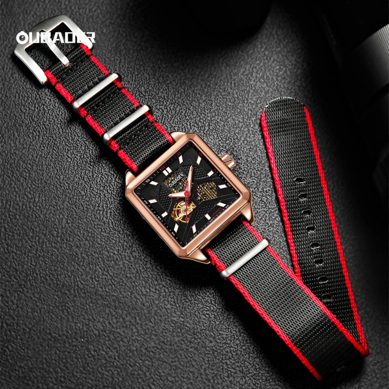 

OUBAOER мужские часы со скелетонизированным механизмом, мужские наручные часы с нейлоновым ремешком, квадратный корпус для часов, классические часы со светящимися стрелками
