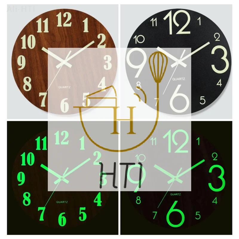 8/12 Inch Luminous Wall Clock Wood Silent Light In Dark Night Nordic Fashion Wall Clock Non Ticking Clock With Night Light