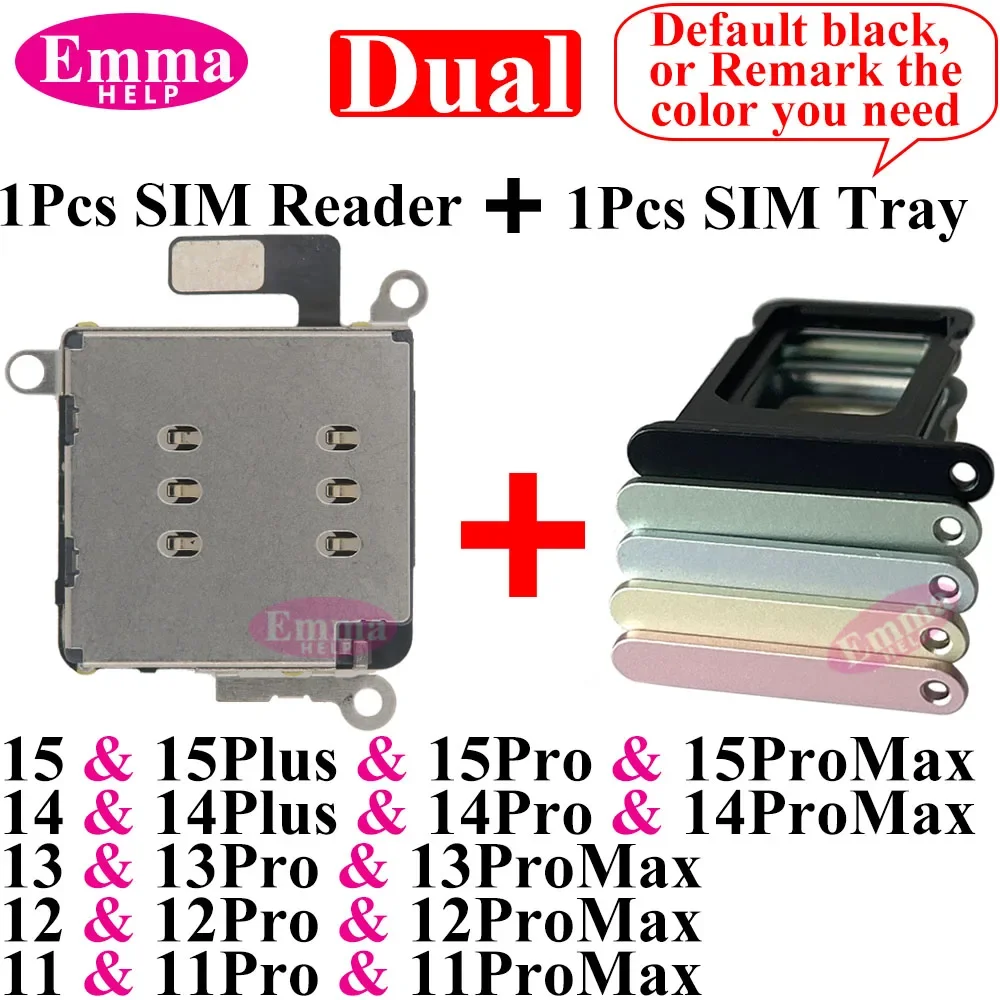 EmmaHelp 1set Dual Sim Card Reader Connector Flex Cable + Tray Slot Holder Adapter for iPhone 11 12 13 14 15 Pro Max XR XSMax