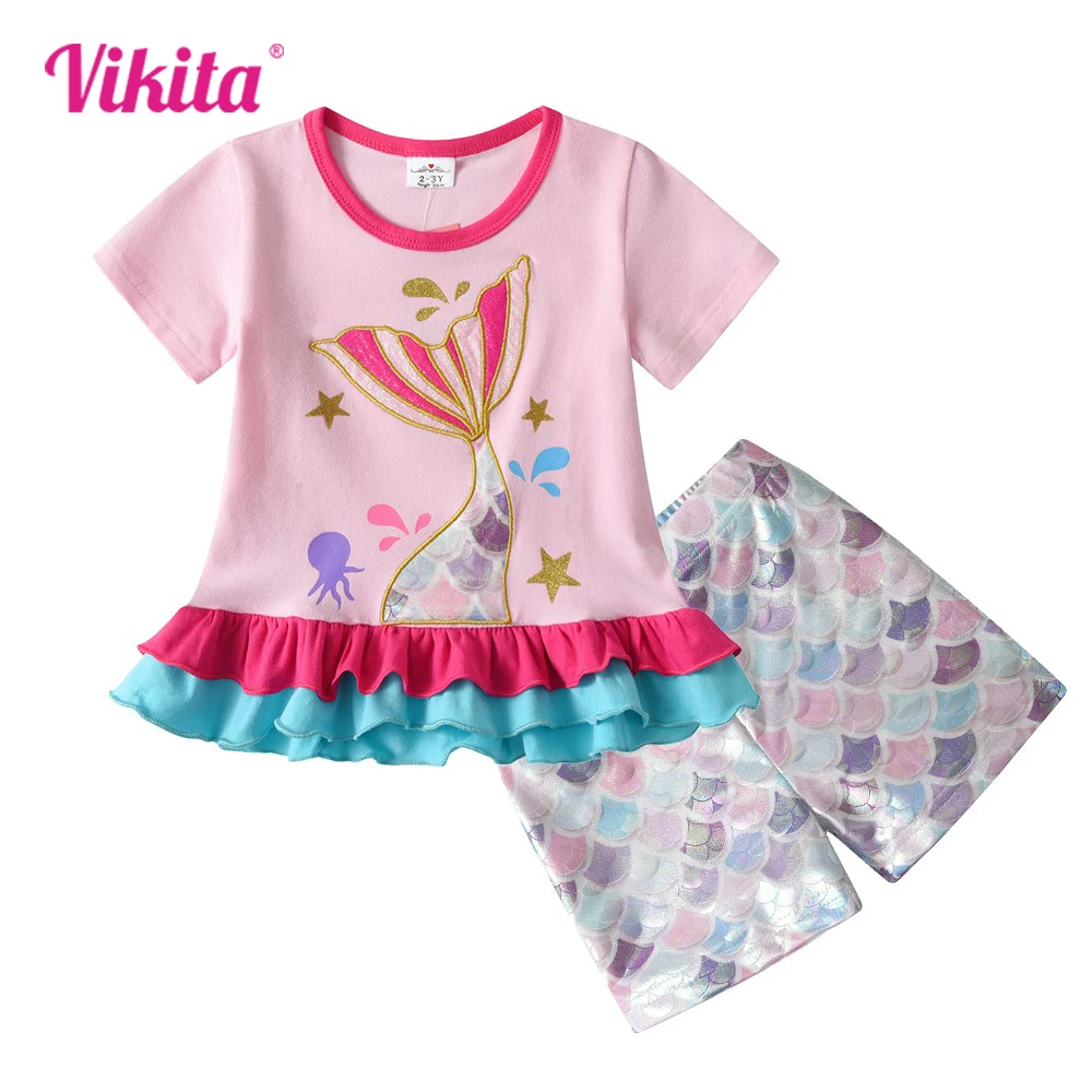 VIKITA Girls Summer Clothing Sets Kids Mermaid Print Short Sleeve Ruffles Cotton Casual T Shirt and Shorts 2 Pcs Kids Clothing