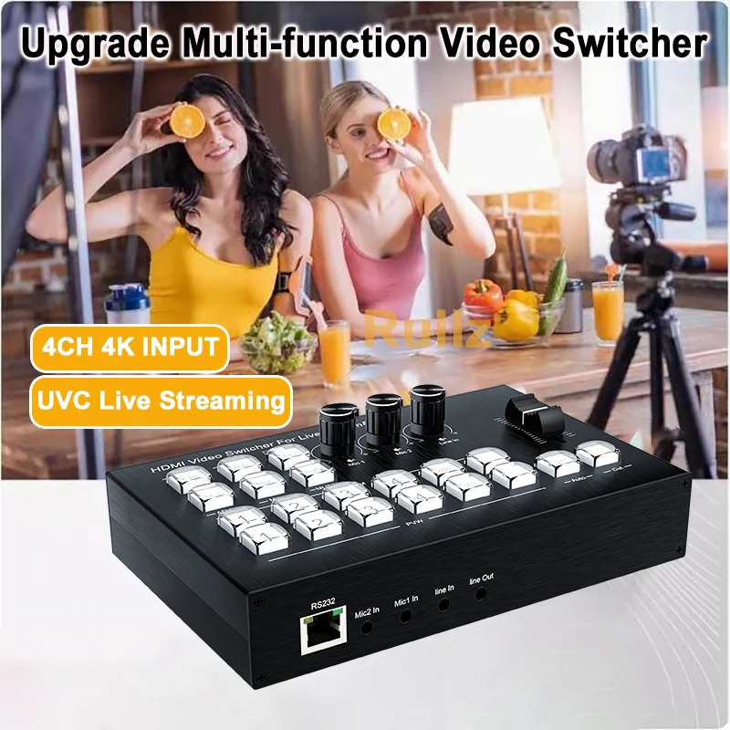 New 4K 4 Way HDMI Input 1080P Live Streaming Video Switcher Audio Mixer Multi Camera Live Switcher PGM PVW PIP UVC Video Capture