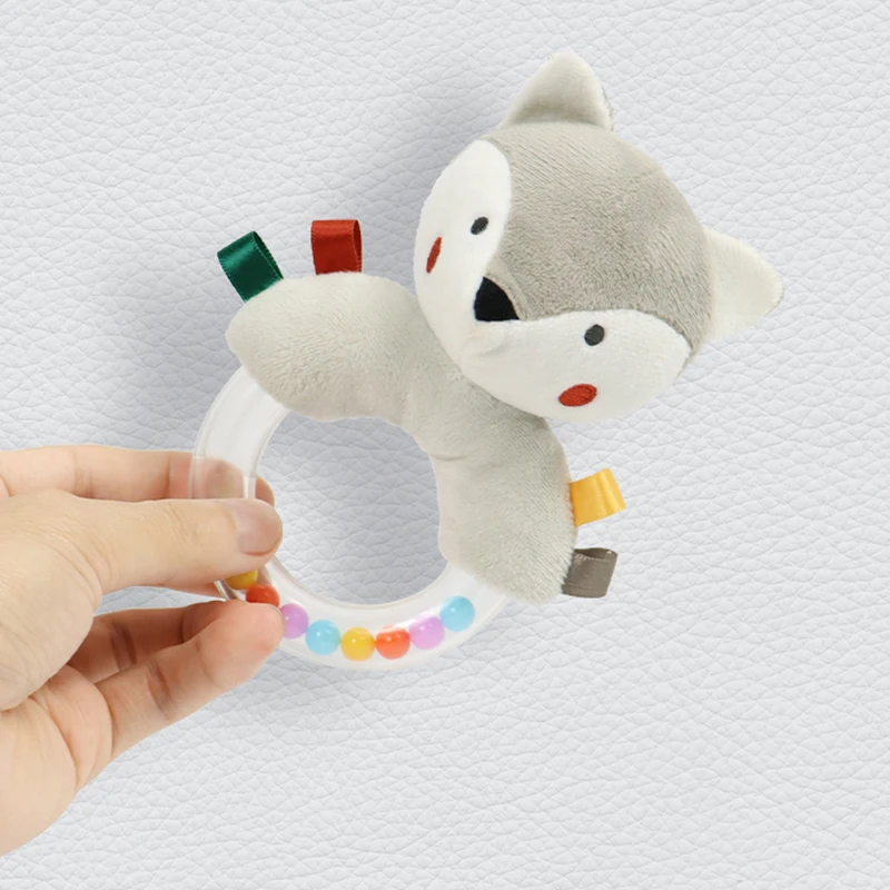 Baby Beruhigende Cartoon Tier Handkurbel Glocke Plüsch Puppe Farbe Perle Hand Glocke 0-1 Jahr Alt Grip handschlag Ring Spielzeug
