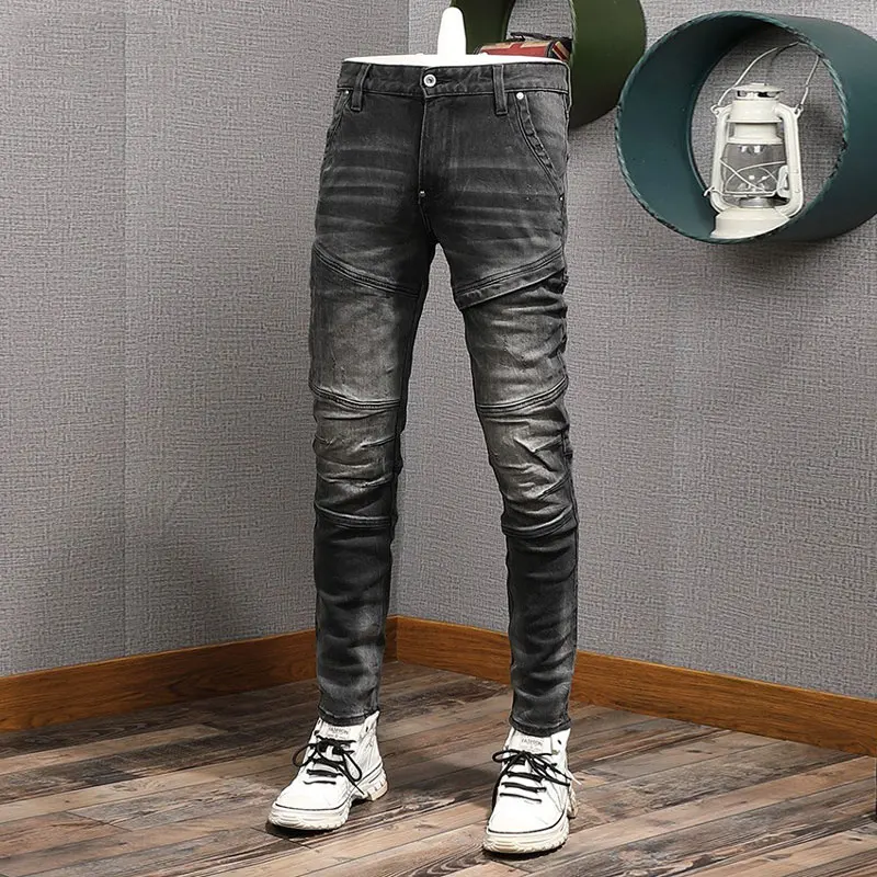 High Street Fashion Men Jeans Retro Black Gray Stretch Slim Fit Spliced Biker Jeans Homme Hip Hop Patched Designer Denim Pants