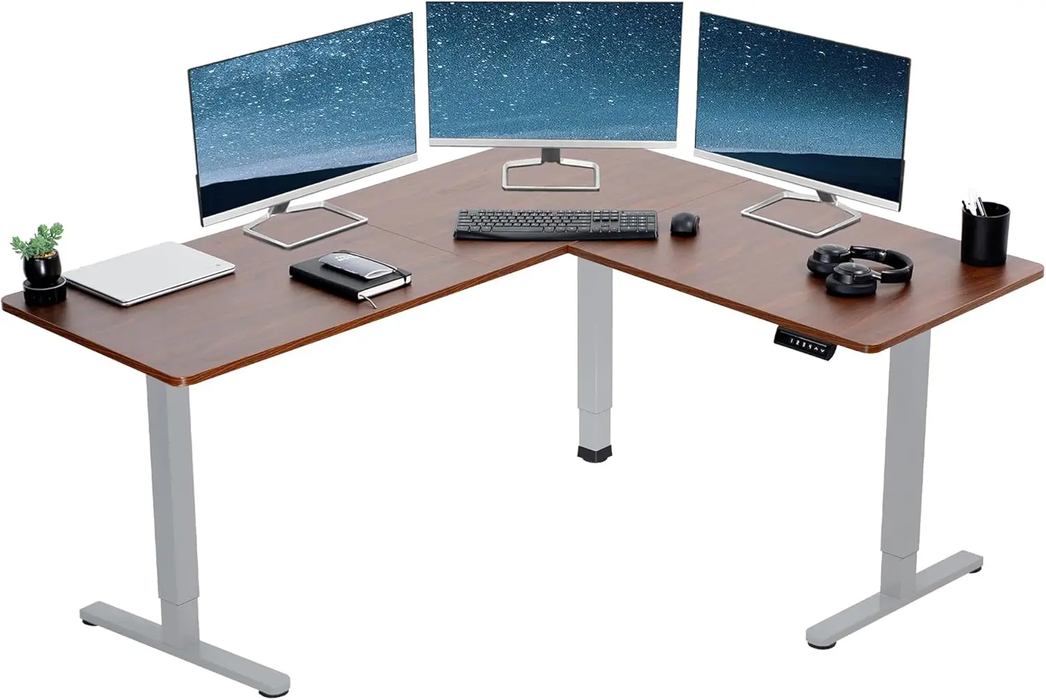 Electric corner standing desk, 63 x 55 inches, height adjustable, memory controller, dark walnut top gray frame