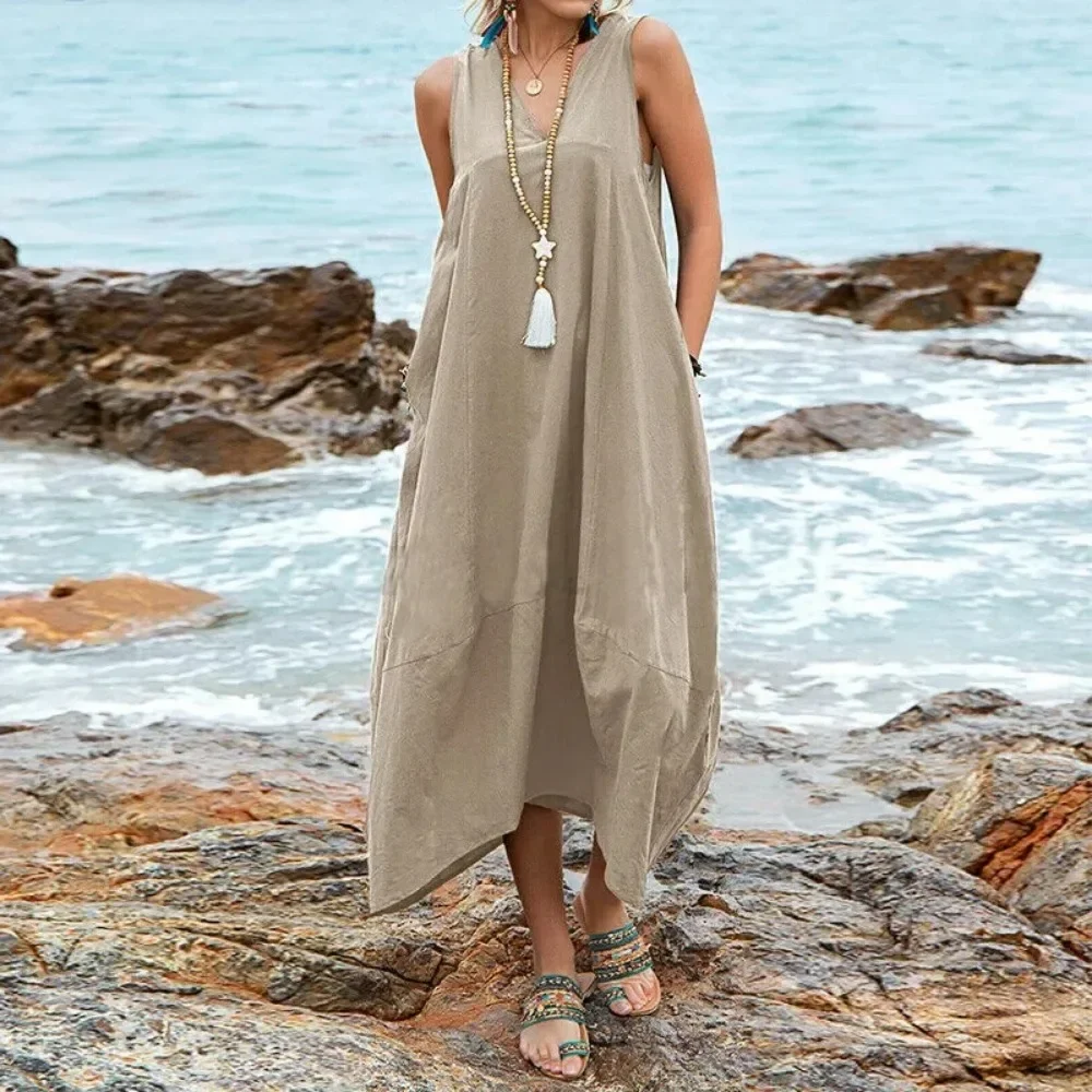 L-5XL damska Plus Size duża wiosna/lato moda z dekoltem w serek długa sukienka w jednolitym kolorze luźna plaża rekreacyjna długa
