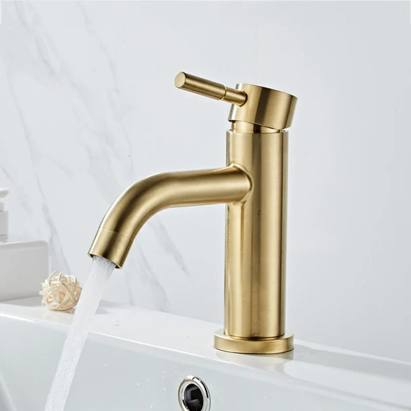 

Bathroom Basin Faucet Deck Mounted Cold and Hot Water Mixer Tap Single Handle 304 Stainless Steel Brushed Gold Faucets