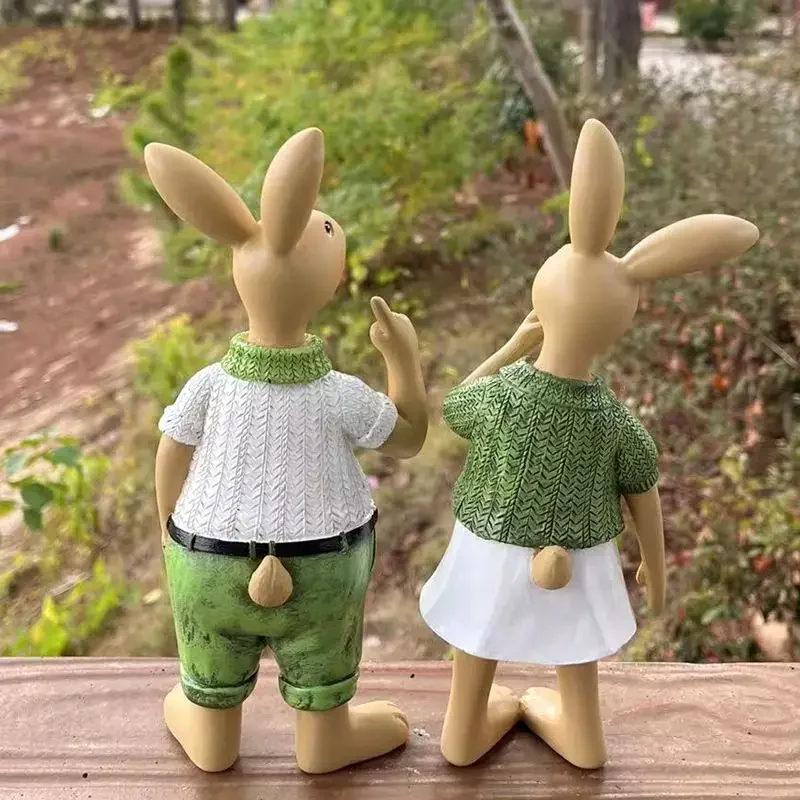 Rural Pastoral Style Lovely Couples Double Rabbit Shaped Resin Crafts Easter Preferred Gift Outdoor Garden Courtyard Decoration