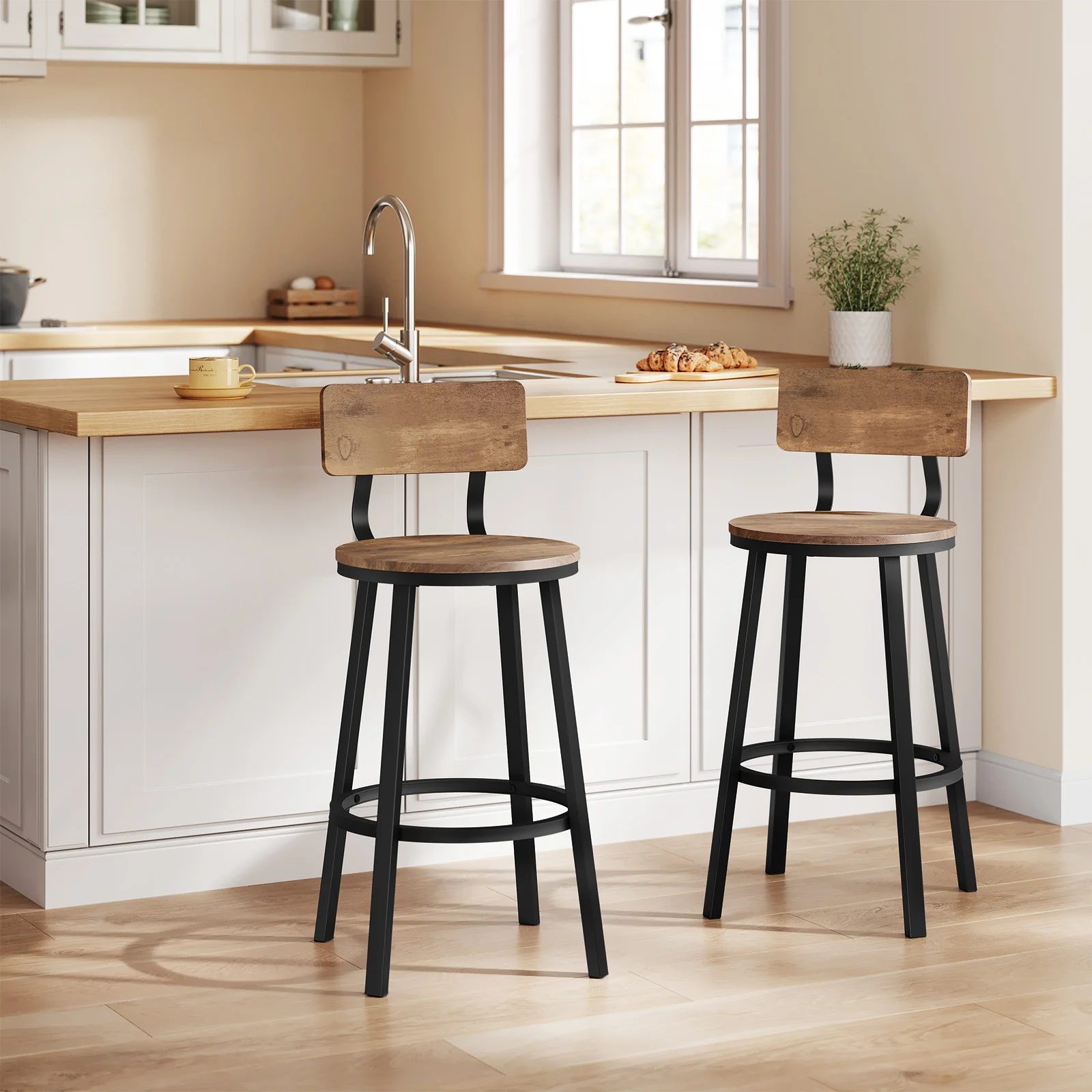 2 PZ/SET Sgabelli da bar vintage Sgabello da bancone da bar in legno Sedie da cucina con poggiapiedi Struttura in metallo Sgabelli alti per colazione in stile nordico