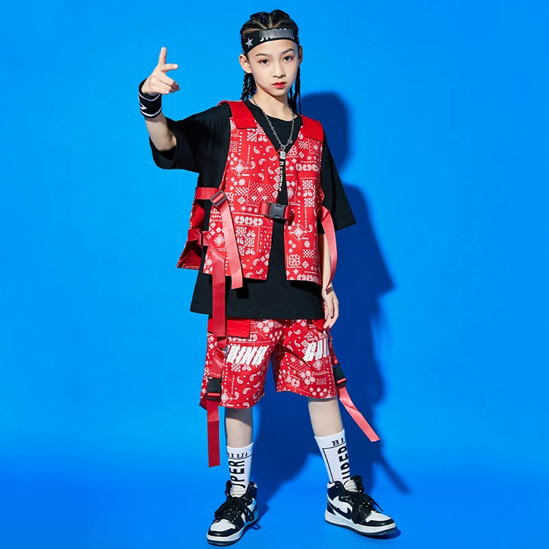 Boys Hip Hop Costume Kids Street Dance Clothes Girls Fashion Print Vest Shorts Summer Jazz Concert Drum Performance Wear BL8375