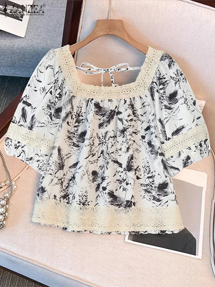 Lace Blouse Women Printed Tops Vintage Short Sleeve Tunic 2025 ZANZEA Fashion Pacthwork Blusas Casual Loose Square Neck Tops