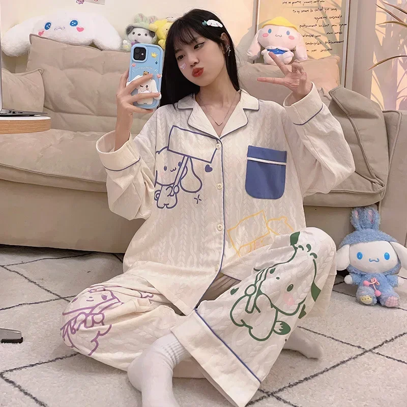 Sanrio My Melody Home Pyjama Dames Lente Herfst En Winter Lange Mouwen Kuromi Pochacco Schattige Meisjes Dunne Koreaanse Thuis Pyjama