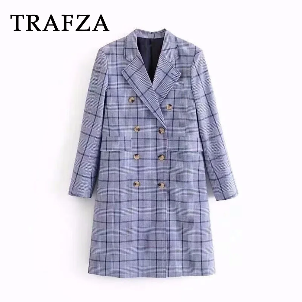 TRAFZA 2024 Autumn Winter Women Casual Windbreak Fashion Streetwear Plaid Long Coat Double Breasted Women Vintage Wind Coat