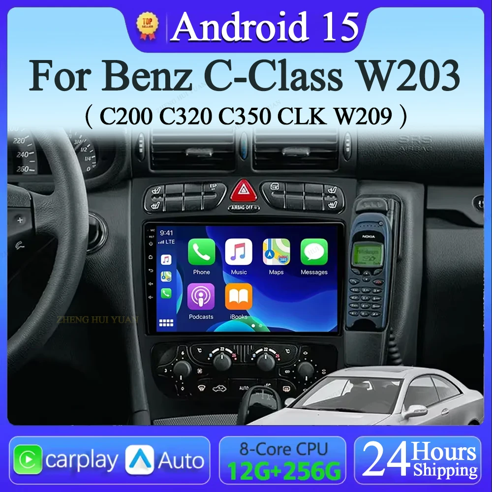 Автомобильный радиоприемник Android 14, для Mercedes Benz C-Class W203 C200 C320 C350 CLK W209 2002-2005 гг., навигация, GPS, мультимедийный плеер, стерео 4G