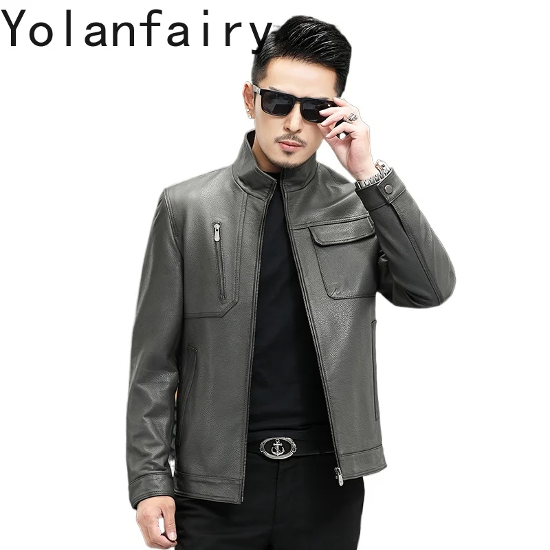 YOLANFAIRY Real Sheepskin Genuine Leather Jacket Man 2025 Spring and Autumn Stand-up Collar Short Grey Casual Jackets and Coats