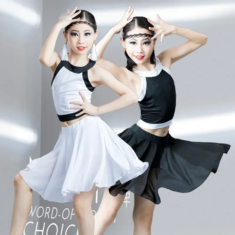 

Girl's Latin Dance Skirt Competition Dress Black and White Medium Children's Training Dress Latin Dance Skirt