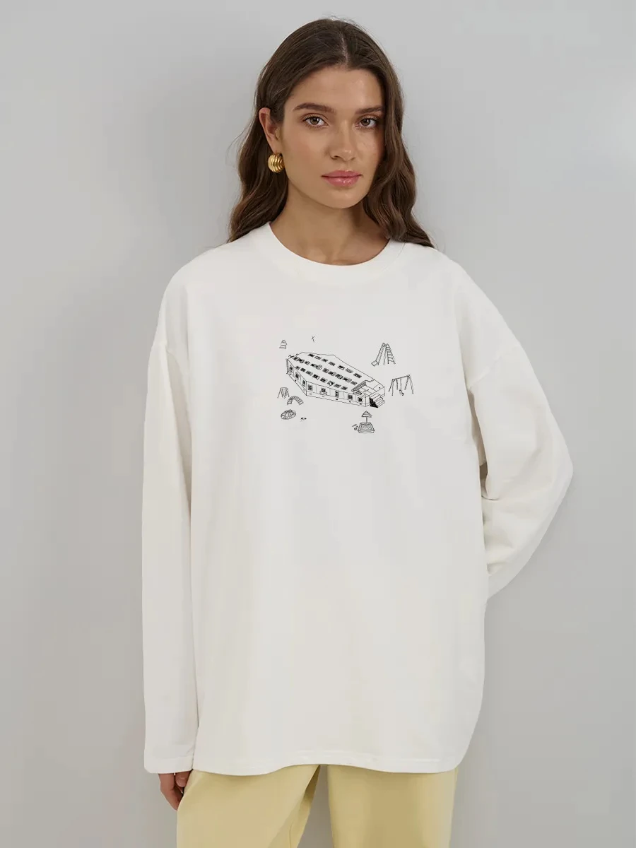 Autumn 100% Cotton Women Long Sleeve T‑Shirt Minimalist Line Drawing Chest Print Oversized Loose Casual Base Shirt For Female
