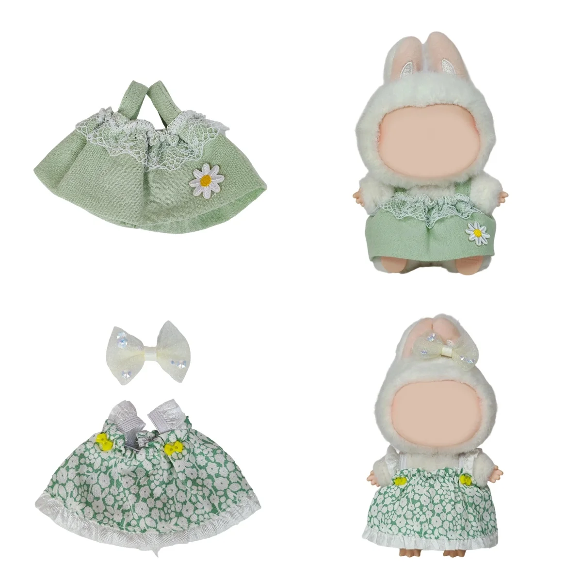 

For Labubu Doll Clothes Set Cute Bunny Outfit Green Daisy Dress Straw Hat Green Crocodile Shoes Knitted Hat for Plush Toy