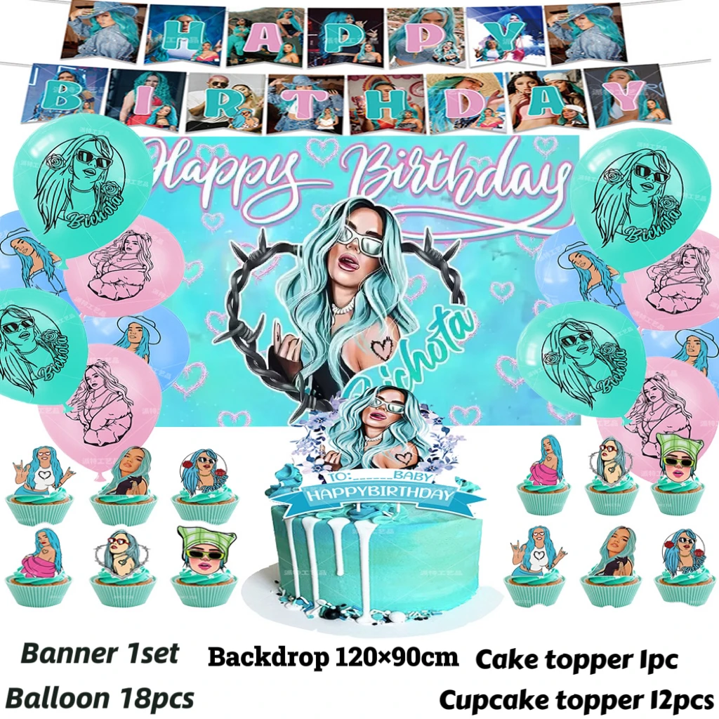 Blue Karol G Theme Girl's Birthday Party Supplies Decorative Cartoon Lantex Balloon Banner Backdrop Cupcake Topper  Kids Gif