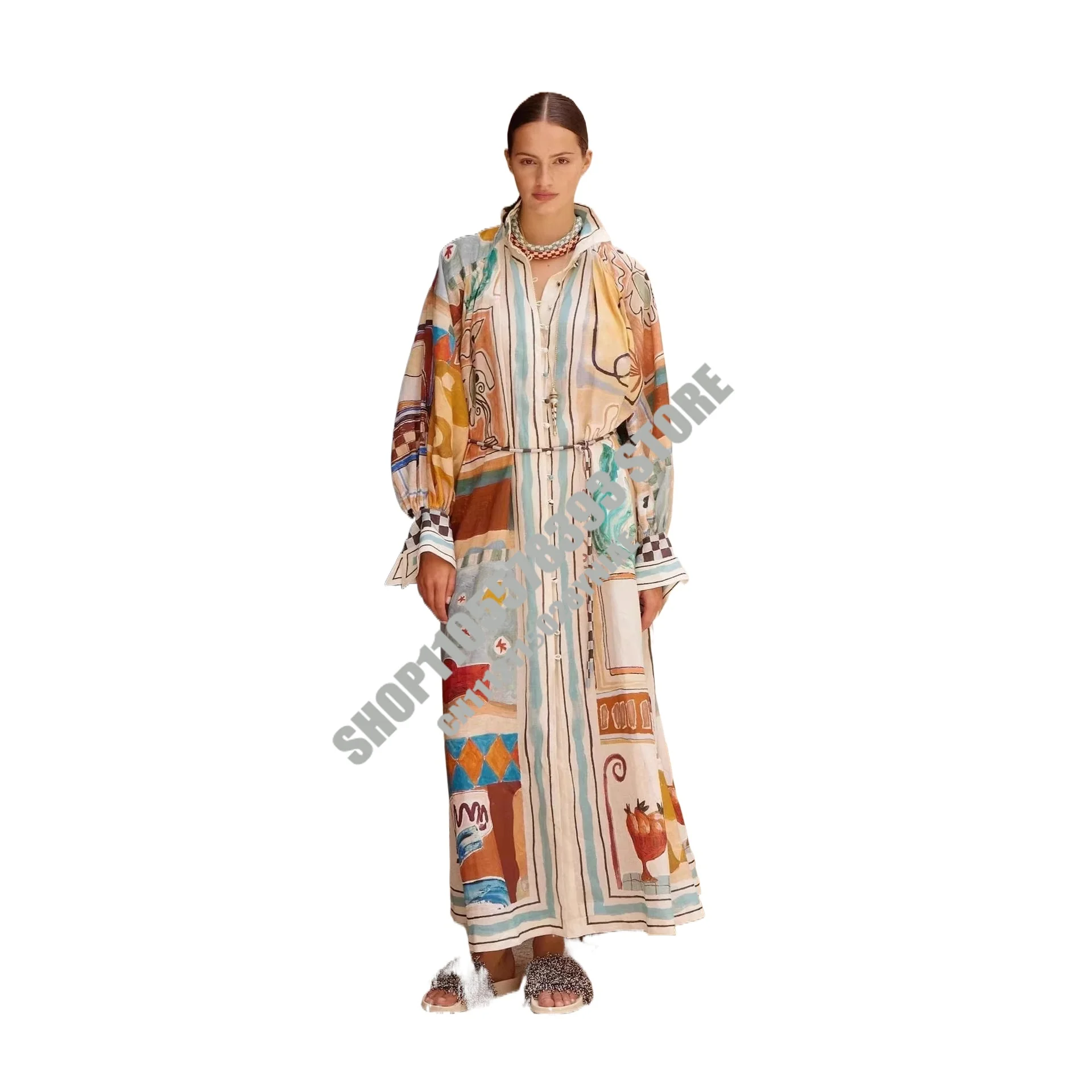

Elegant Vintage Floral Print Turn-down Collar Short Sleeve Shirt Dress Slim Fit High Waist Gathered Waist Cross-border For Women
