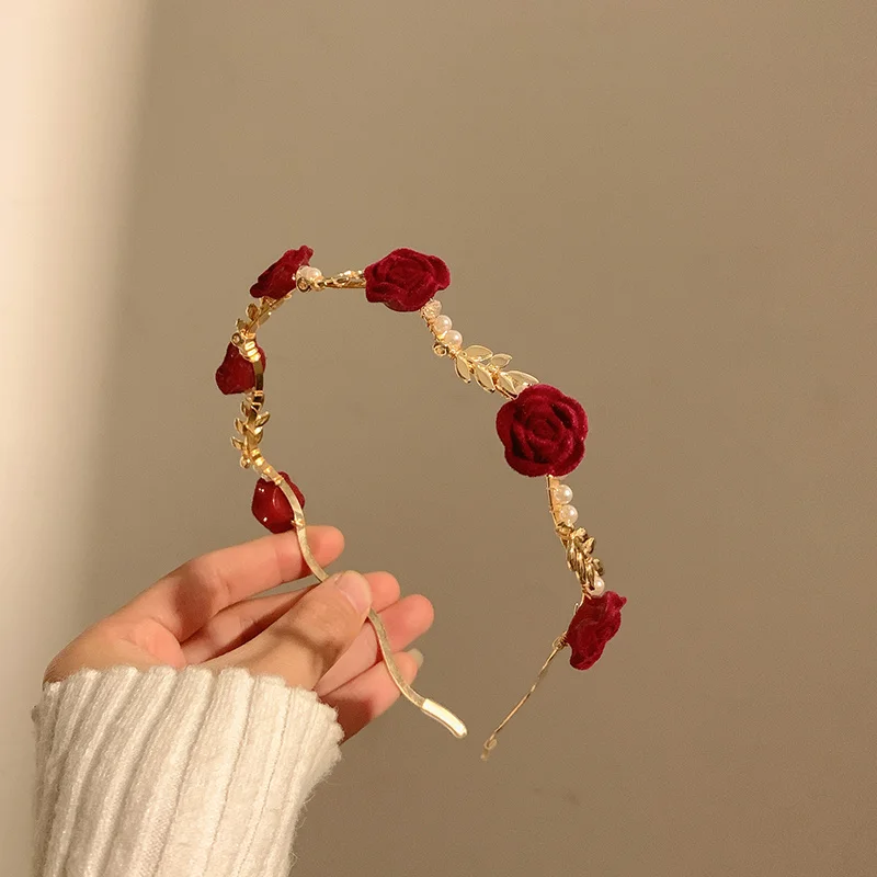 

Valentine's Gift French Dry Rose Red Flower Pearl Hair Band For Women Hair Accessory, Bride Headdress Girl's Rose Headband Gift