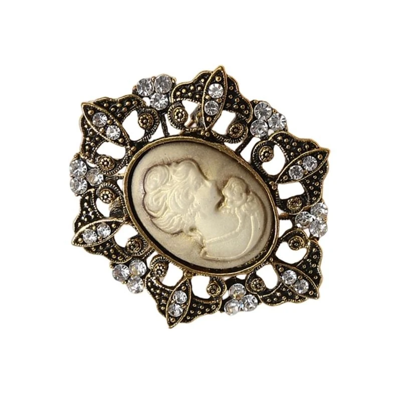 Ornate Vintage Brooch Featuring Intricate Maiden Cameo Artwork In Shimmering Gold Finish Evening Event Brooch