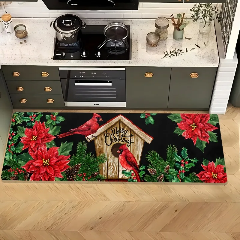 Stylish Printed Holiday Merry Christmas Runner Rug Red Cardinal Bird Poinsettia Holly Pattern Carpet Indoor for Western Decor