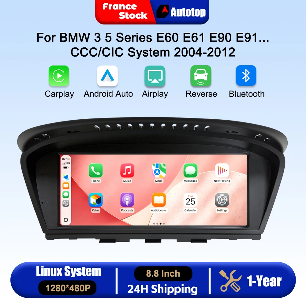 Autoradio sans fil CarPlay Android Auto 8,8 pouces pour BMW Série 3 5 E60 E61 E63 E64 E90 E91 E92 Système CCC CIC 2004-2012 Systèmes intelligents de voiture Écran tactile multimédia intelligent avec Bluetooth Navigation GPS Autolink Navi Mirror Link AirPlay
