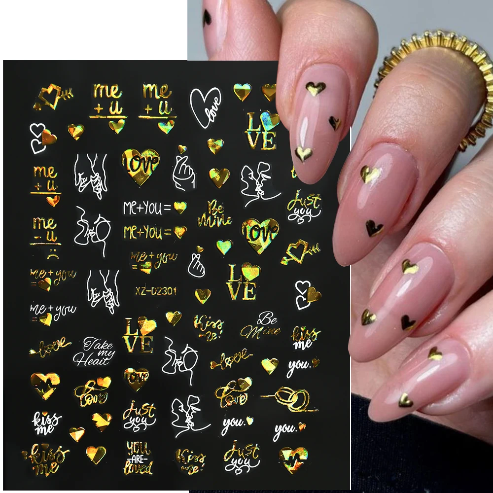 1pc Laser Gold Heart Stickers Valentine Lover Adhesive Nail Stickers Rose Flowers Ribbon Nail Decals for Manicure DIY Decoration