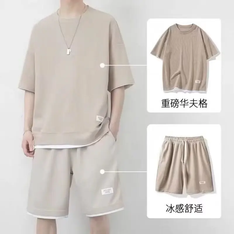 Summer New Round Neck Solid Color Short Sleeve T-shirt Huafuge Casual All-match Motion Thin Style Men Elastic Waist Shorts Suit