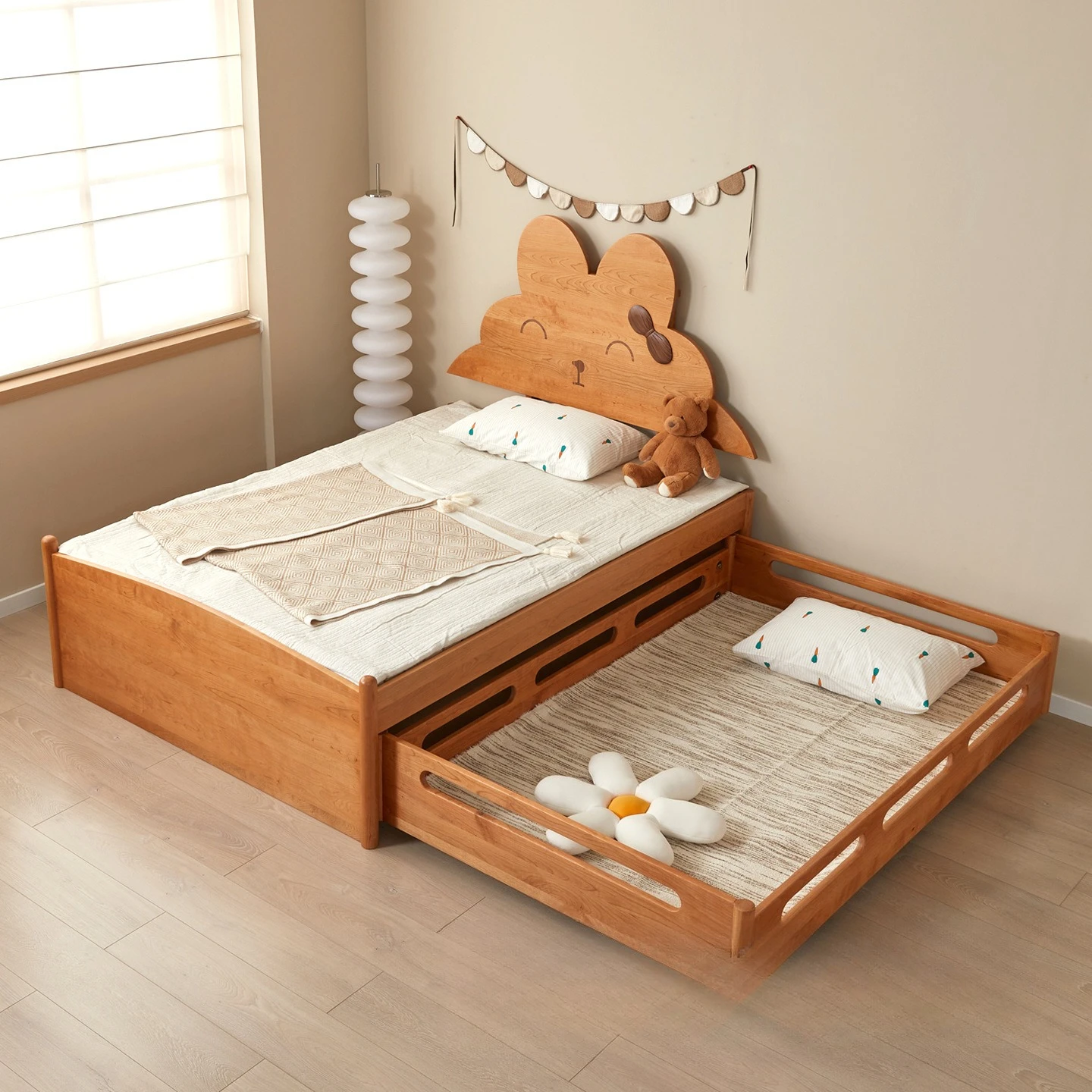 Nordic solid wood, cherry wood, double mother and child bed modern minimalist