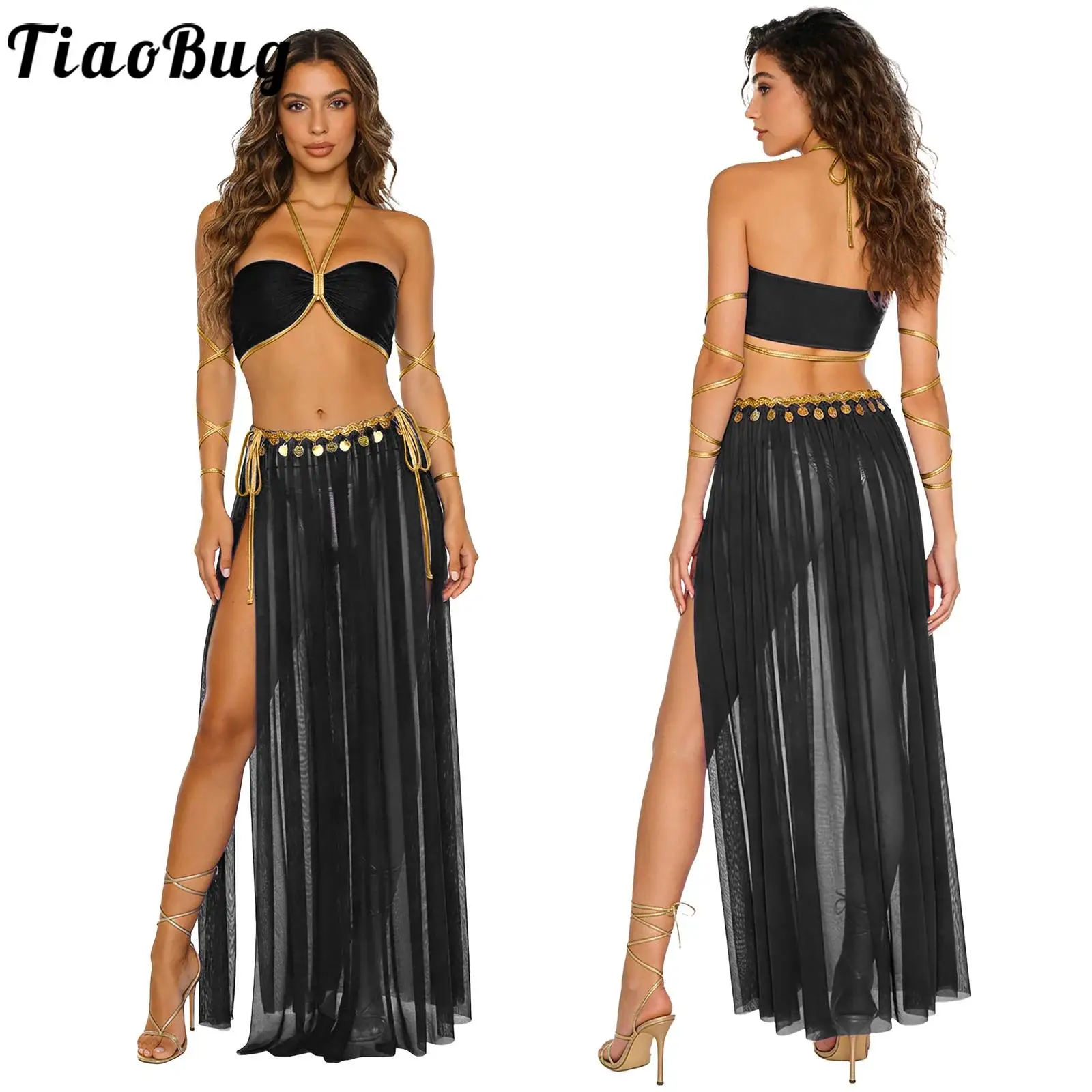 

Women Oriental Indian Arabian Princess Belly Bellywood Costume Crop Top And Split Mesh Sequin Tassel Skirt Belly Dance Outfit