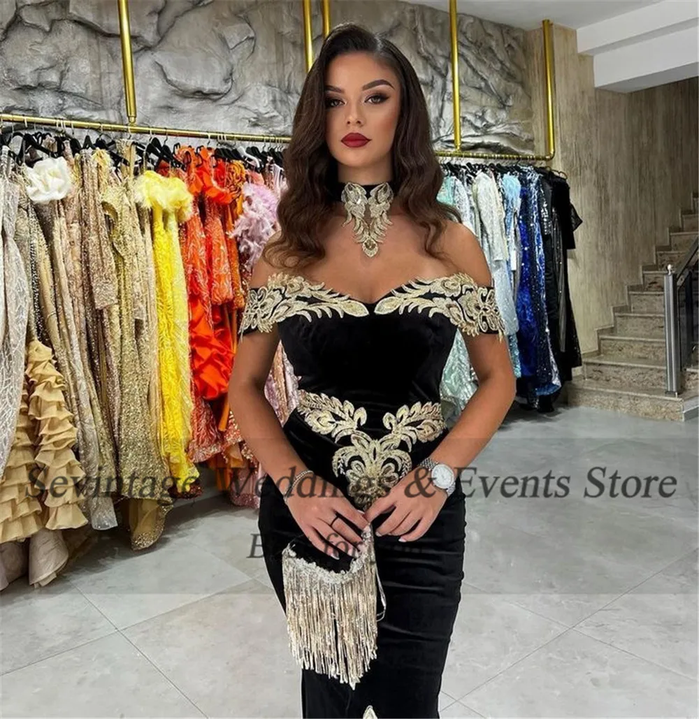 Customized Elegant Black Mermaid Kaftan Evening Dress Off The Shoulder Lace Appliques Prom Gown Floor Length Algerian Outfit