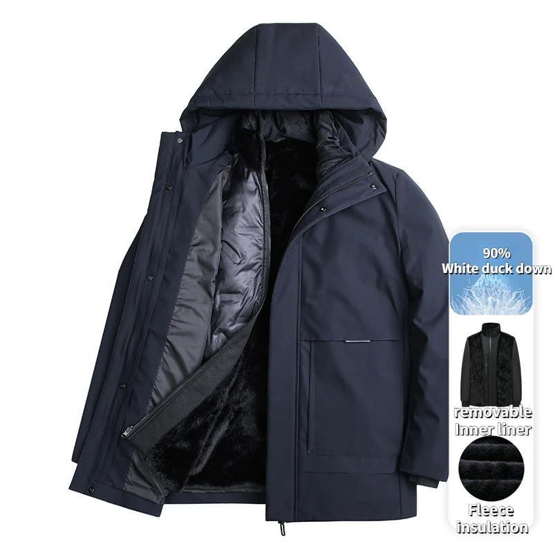 Winter 90% Down Jacket Men's Luxury Business Detachable Fleece Liner Parkas Korean Style Thick White Duck Down Warm Hooded Coat