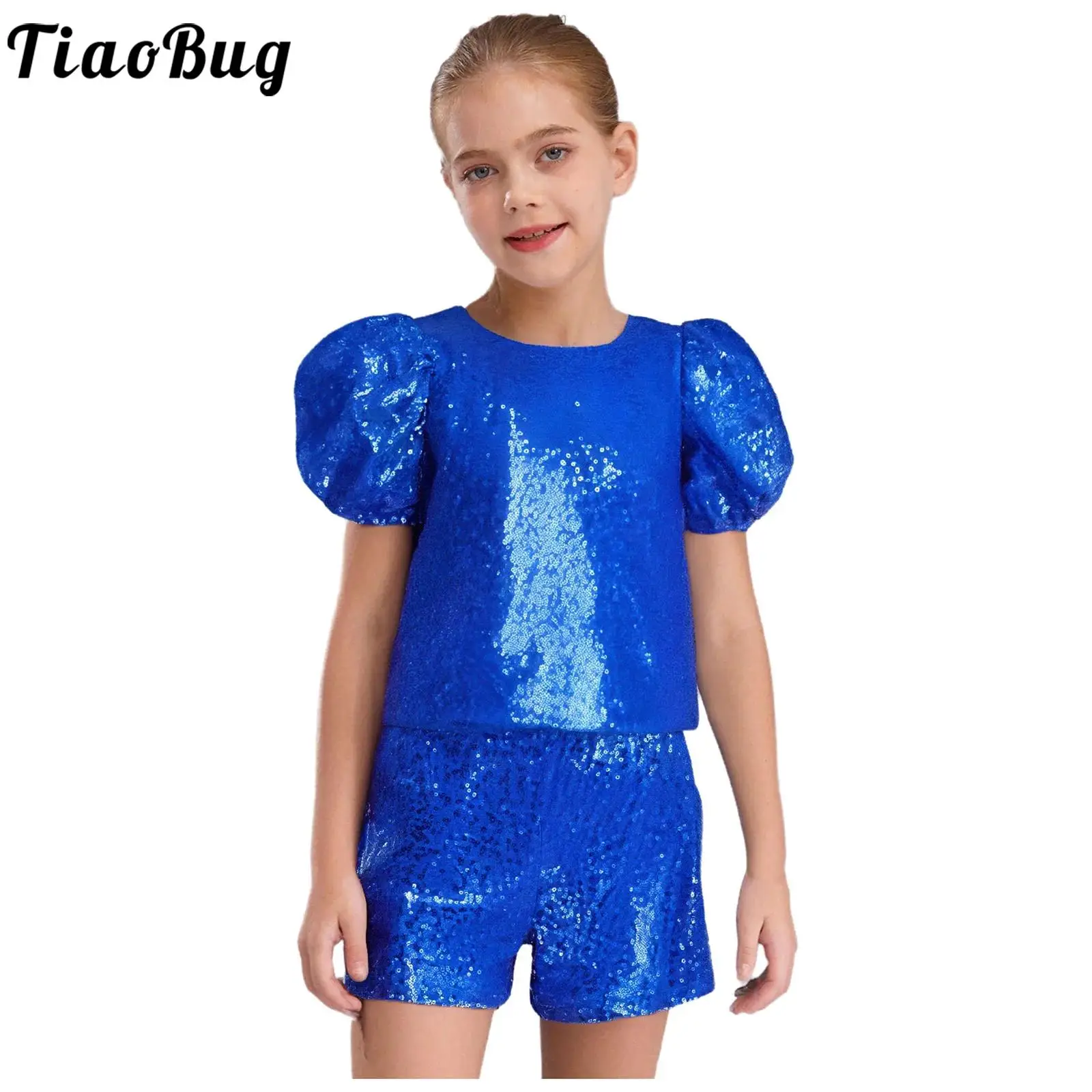Girls Shiny Sequins Birthday Party Outfits Puff Sleeve Shirt Blouses And Shorts for School Show Jazz Hip Hop Dance Cheerleading