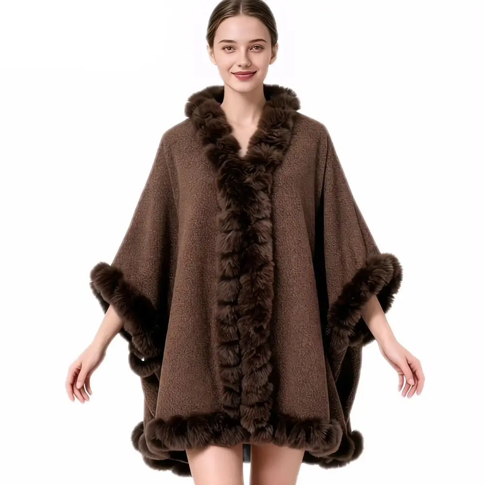 أزياء فرو الأرنب الصناعي الشتاء النساء يلتف سميكة الدافئة فضفاضة كيب المعطف معطف طويل