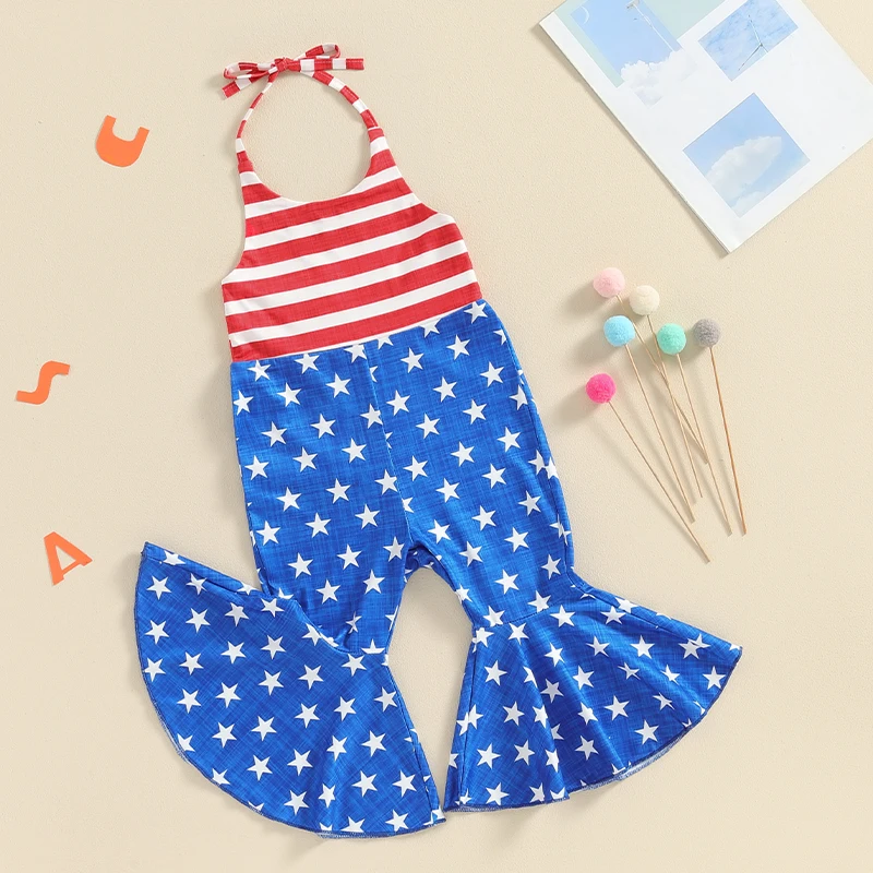 Women s Patriotic American Flag Print Sleeveless Halter Neck Jumpsuit with Flared Bell-Bottoms and Backless Design