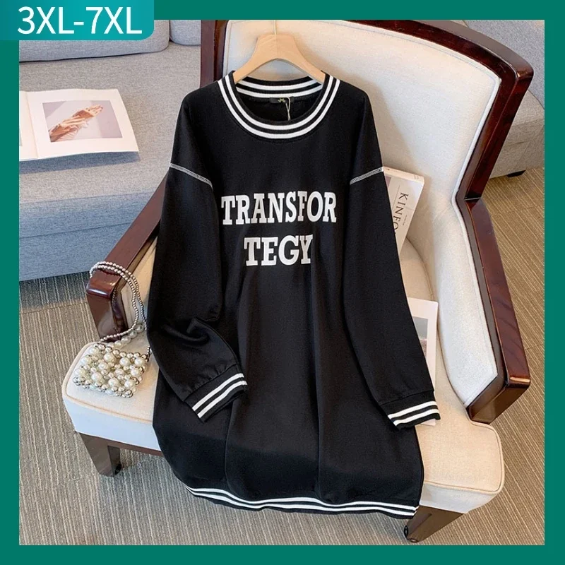 

Autumn Winter Plus Size Sweatershirt Dress Women Large Long Sleeve Letter Print Cotton Black Dress 3XL 4XL 5XL 6XL 7XL Clothing