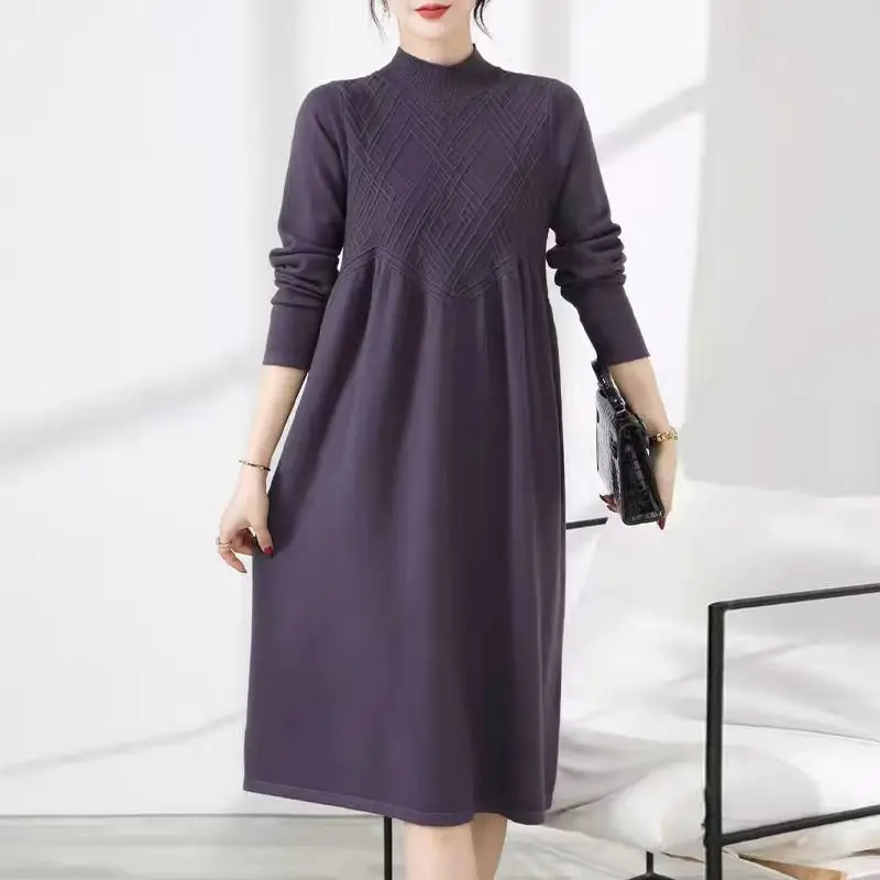 

Autumn and Winter New Sweaters Over Knee Round Neck Women's Solid Color Half High Loose Relaxed Knitted Dress B768