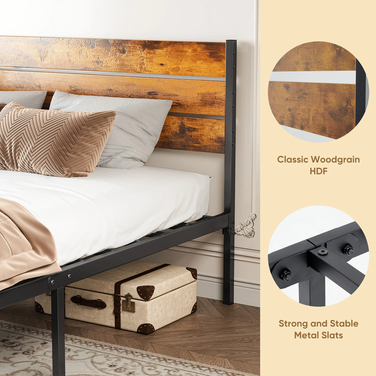 MCQ Wooden Headboard and Metal Platform Bed Frame No Box Spring Needed with 700LBS Sturdy Wooden Slats Support For Home image 5
