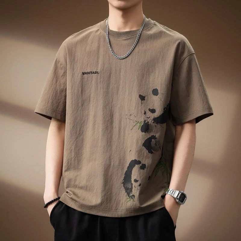 New Linen Panda Print Oversized Loose Short Sleeve T-Shirt For Men Unique Design Summer Daily Casual Shirt