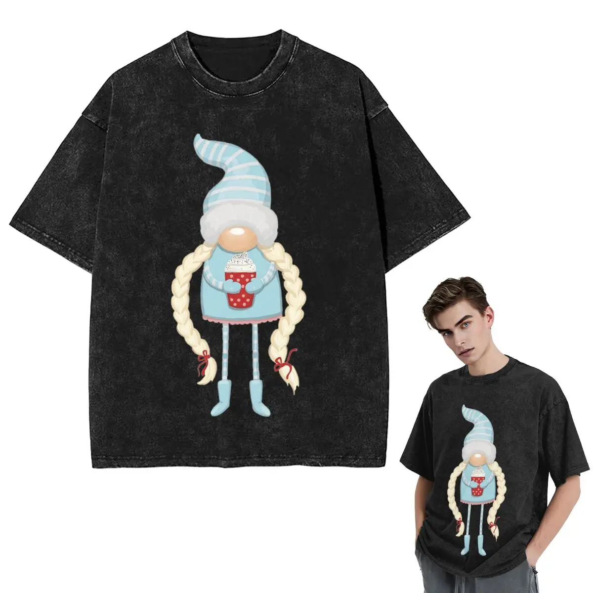 

Streetwear T-Shirts Christmas Gnome With Coffee Washed T Shirt Short Sleeve Hip Hop T-Shirt Tops Tees for Men Women