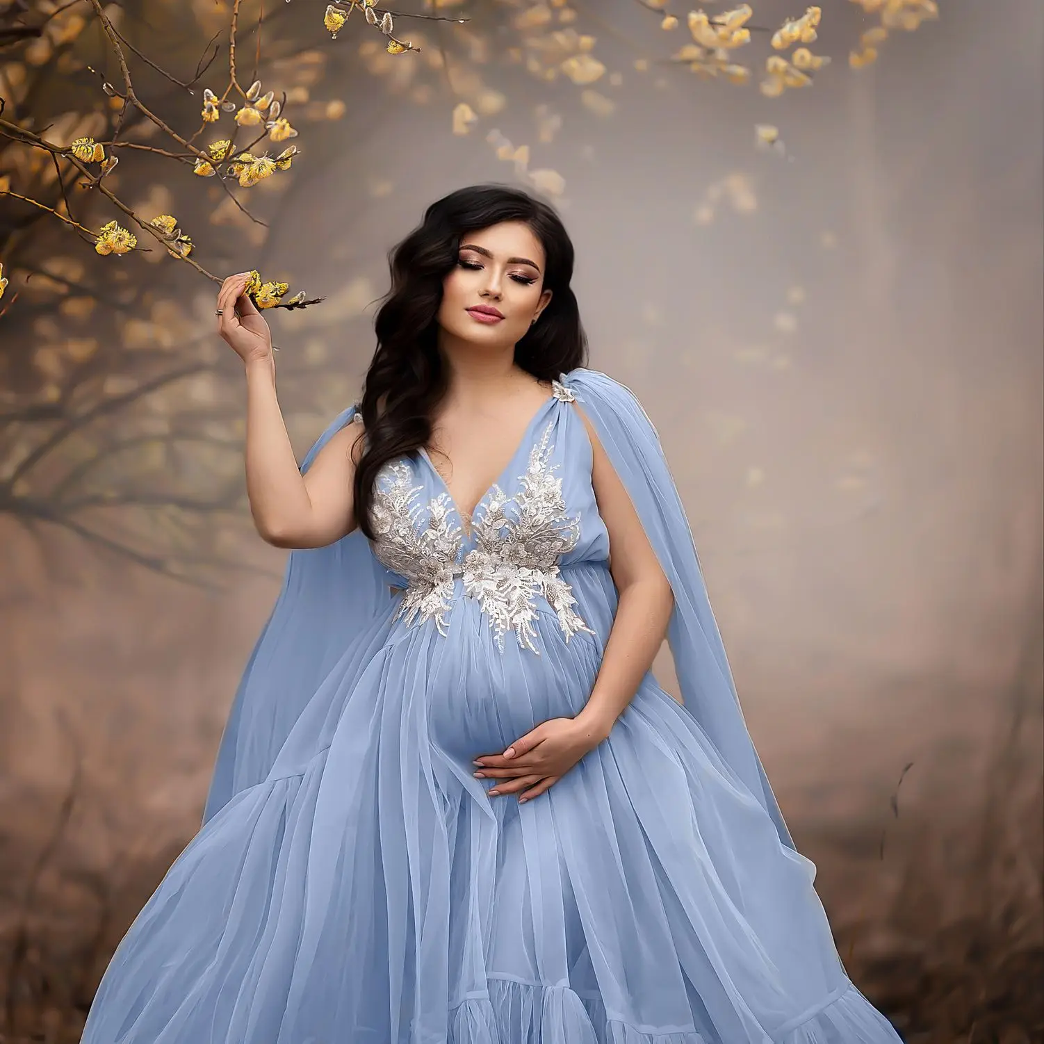 Dusty Blue Maternity Dress for Photoshoot Pregnant Women Photography Dresses Appliqued Beads Baby Shower Gowns