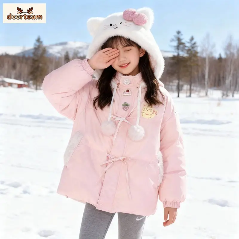 

Теплая хлопковая куртка с изображением аниме Hello Kitty для девочек, милая и нежная хлопковая куртка с героями мультфильмов для учащихся средней школы, зимнее толстое пальто