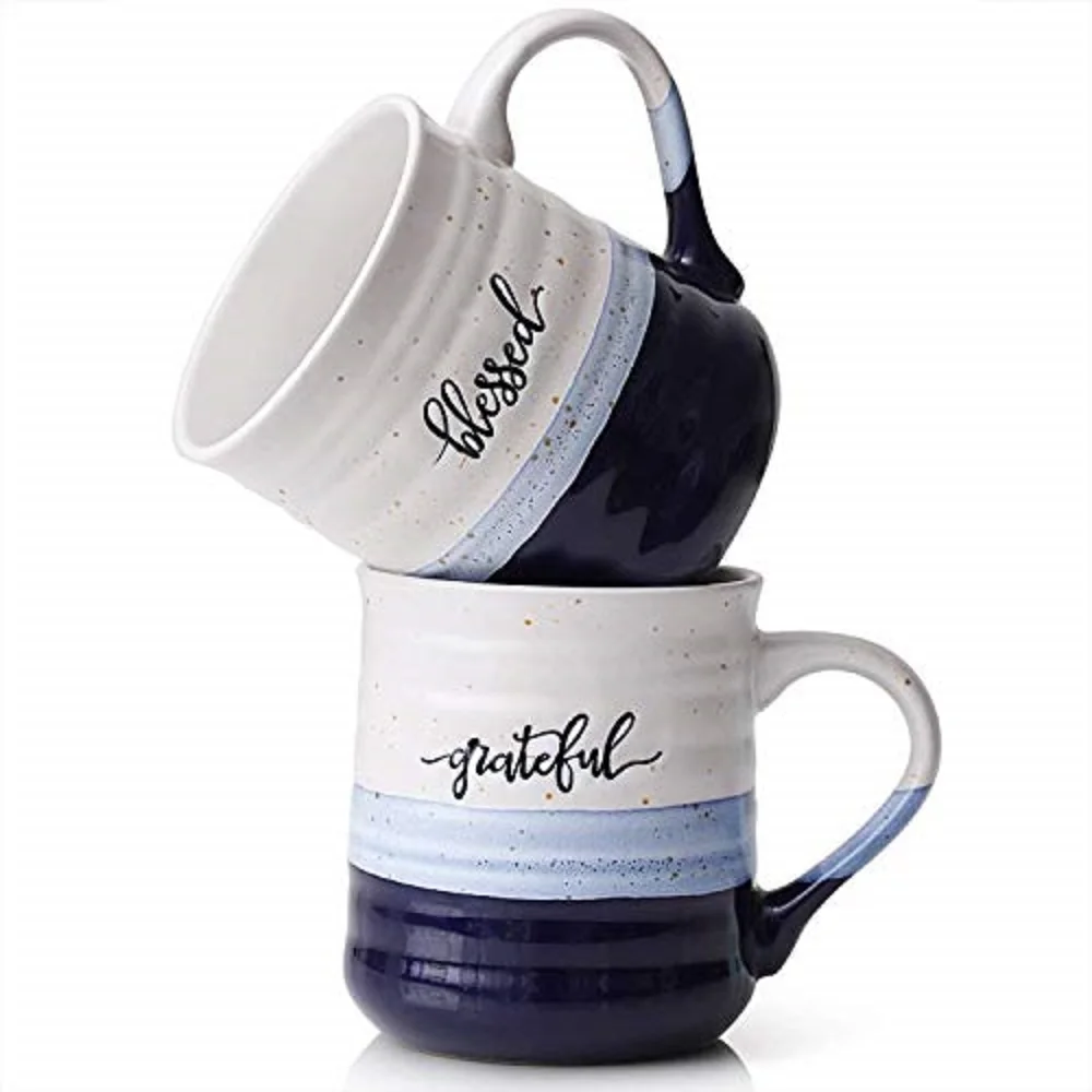 20 oz Coffee Mugs, Large Mugs with Word Blessed Grateful, Porcelain Coffee Cup, Thank You Gifts for Mom Dad
